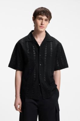 Oversized-fit shirt in cotton broderie anglaise, Black