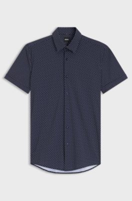 Slim-fit shirt in printed performance-stretch jersey, Blue Patterned