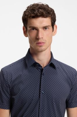 Slim-fit shirt in printed performance-stretch jersey, Blue Patterned