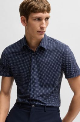 Slim-fit shirt in printed performance-stretch jersey, Dark Blue