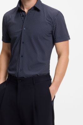 Slim-fit shirt in printed performance-stretch jersey, Blue Patterned
