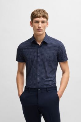 Slim-fit shirt in printed performance-stretch jersey, Dark Blue
