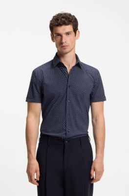 Slim-fit shirt in printed performance-stretch jersey, Blue Patterned