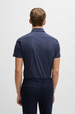 Slim-fit shirt in printed performance-stretch jersey, Dark Blue