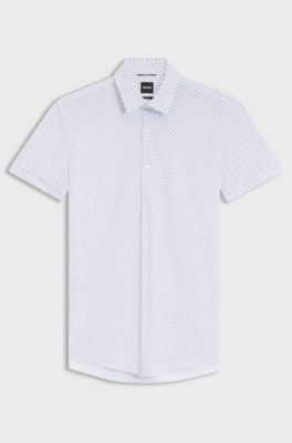 Slim-fit shirt in printed performance-stretch jersey, Light Blue Patterned