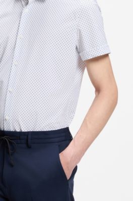 Slim-fit shirt in printed performance-stretch jersey, Light Blue Patterned