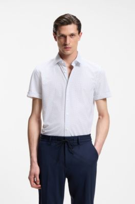 Slim-fit shirt in printed performance-stretch jersey, Light Blue Patterned