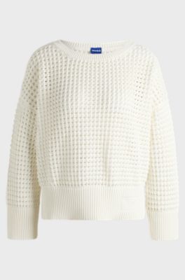 Cotton sweater with mesh knit, White