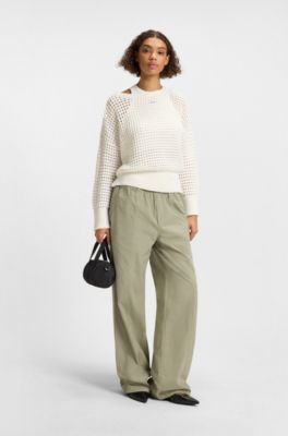 Cotton sweater with mesh knit, White