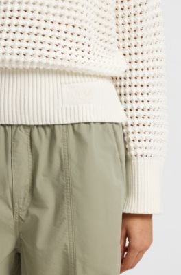 Cotton sweater with mesh knit, White