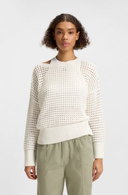 Cotton sweater with mesh knit, White