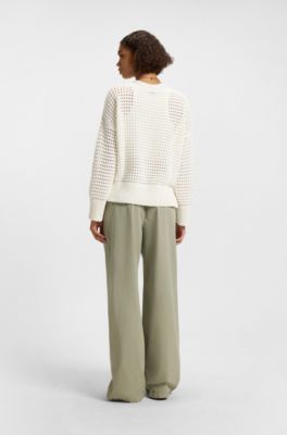 Cotton sweater with mesh knit, White