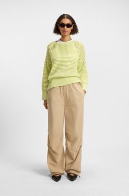 Cotton sweater with mesh knit, Neon Green