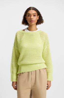 Cotton sweater with mesh knit, Neon Green