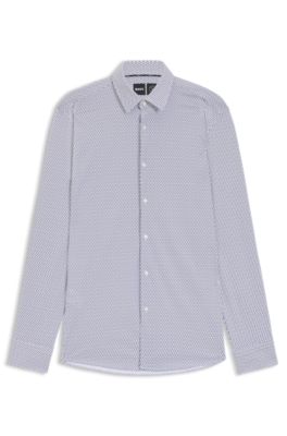 Slim-fit shirt in printed performance-stretch jersey, Blue Patterned