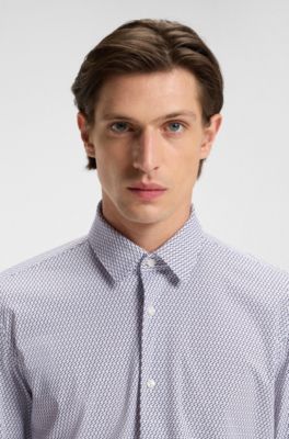 Slim-fit shirt in printed performance-stretch jersey, Blue Patterned
