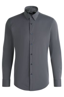 Slim-fit shirt in striped performance-stretch fabric, Dark Blue