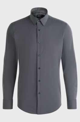 Slim-fit shirt in striped performance-stretch fabric, Dark Blue