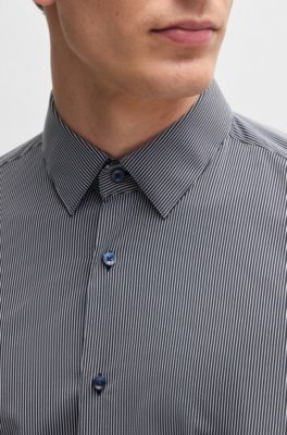 Slim-fit shirt in striped performance-stretch fabric, Dark Blue