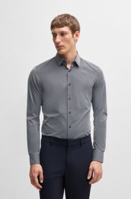 Slim-fit shirt in striped performance-stretch fabric, Dark Blue
