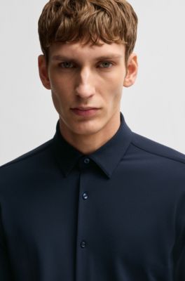 Slim-fit shirt in structured performance-stretch jersey, Dark Blue