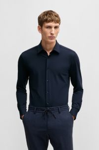 Slim-fit shirt in structured performance-stretch jersey, Dark Blue