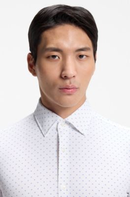 Slim-fit shirt in geometric-print performance-stretch fabric, White Patterned