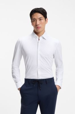 Slim-fit shirt in geometric-print performance-stretch fabric, White Patterned