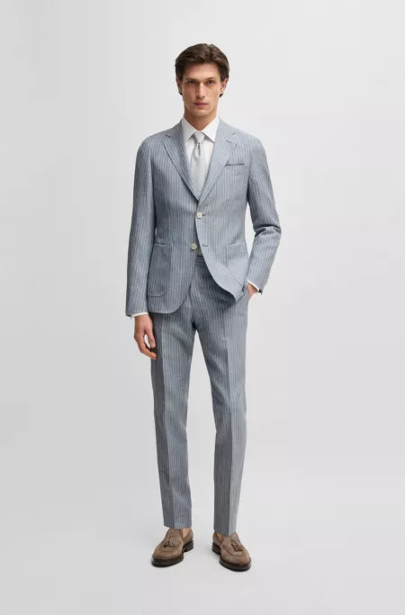 Slim-fit blazer in striped virgin wool and linen