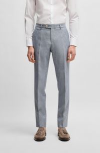 Slim-fit gestreepte broek van scheerwol en linnen, Blauw met dessin