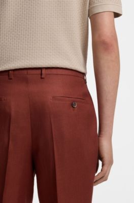 Pantalones regular fit en lino resistente a las arrugas, Marr&oacute;n