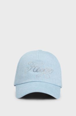 Casquette en denim avec logo orn&eacute; de strass, bleu clair