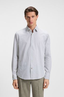 Regular-fit shirt with boucl&eacute;-effect stripes, Green Patterned