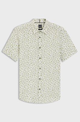 Slim-fit shirt in floral-print stretch linen, Green Patterned