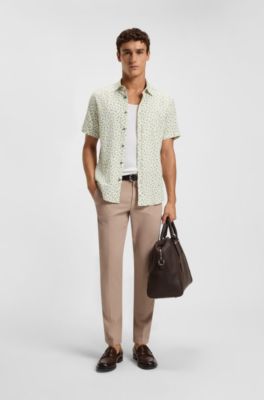 Slim-fit shirt in floral-print stretch linen, Green Patterned