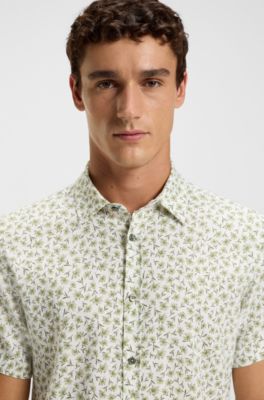Slim-fit shirt in floral-print stretch linen, Green Patterned