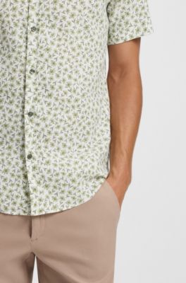 Slim-fit shirt in floral-print stretch linen, Green Patterned