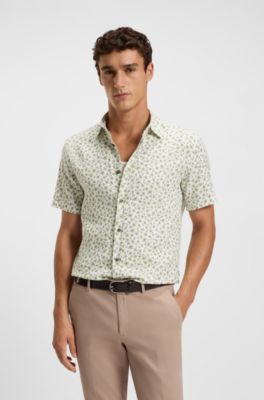 Slim-fit shirt in floral-print stretch linen, Green Patterned