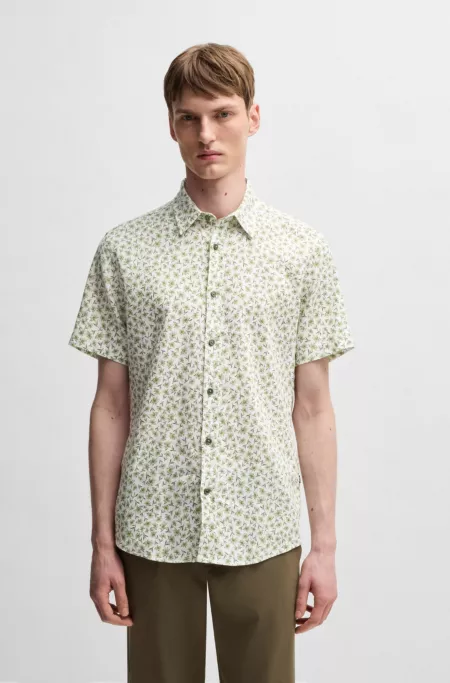 Slim-fit shirt in floral-print stretch linen