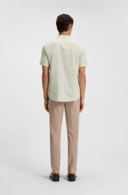 Slim-fit shirt in floral-print stretch linen, Green Patterned