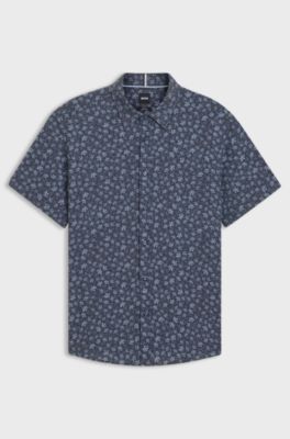 Slim-fit shirt in floral-print stretch linen, Blue Patterned