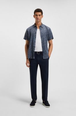 Slim-fit shirt in floral-print stretch linen, Blue Patterned