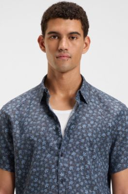 Slim-fit shirt in floral-print stretch linen, Blue Patterned