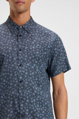 Slim-fit shirt in floral-print stretch linen, Blue Patterned