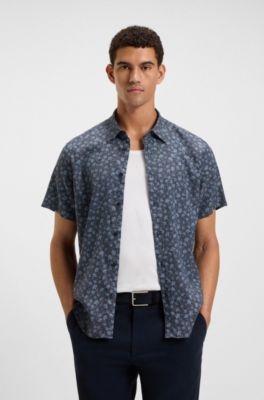 Slim-fit shirt in floral-print stretch linen, Blue Patterned