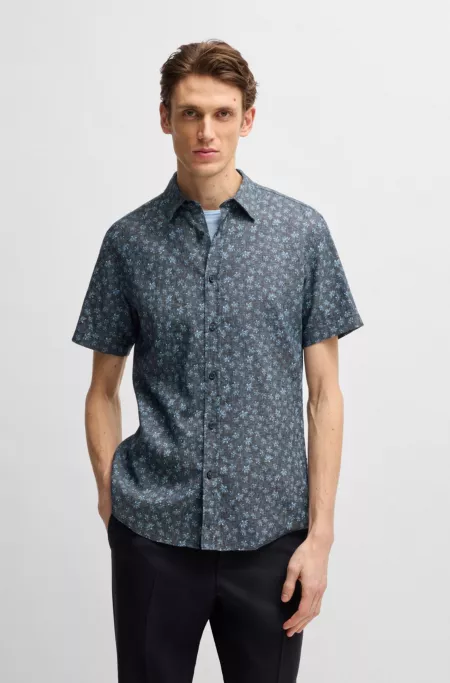 Slim-fit shirt in floral-print stretch linen