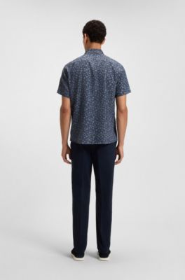 Slim-fit shirt in floral-print stretch linen, Blue Patterned