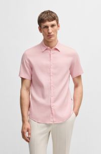 Slim-fit shirt in stretch linen, Light Pink
