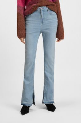 Bootcut jeans van blauw stretchdenim met splitten in de zomen, Lichtblauw