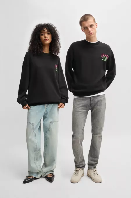 Cotton-terry sweatshirt with Happy HUGO logo